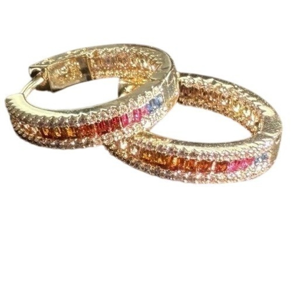 Genevive‎ Rainbow Baguette Hoop Earrings 18k Gold Plated .925 Sterling Silver